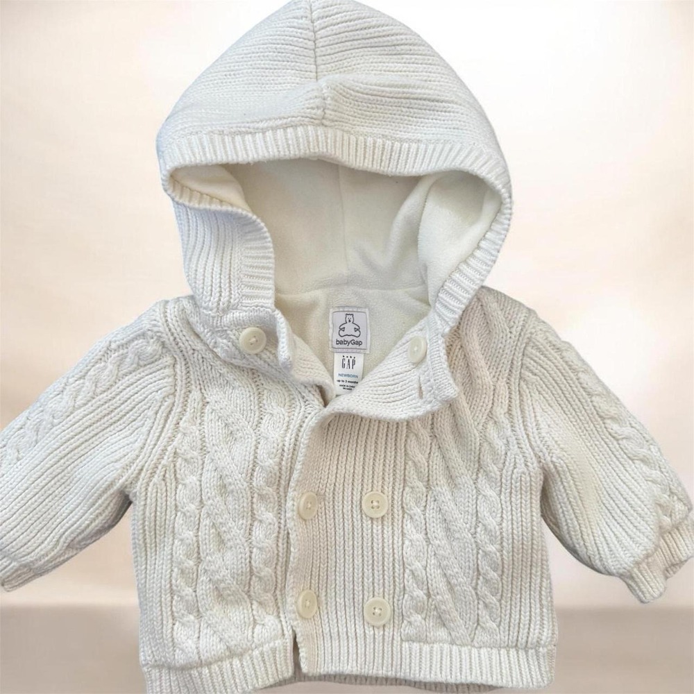 Baby Gap Newborn Cable Knit Hooded Sweater Cream Fleece Lined Cardigan Jacket